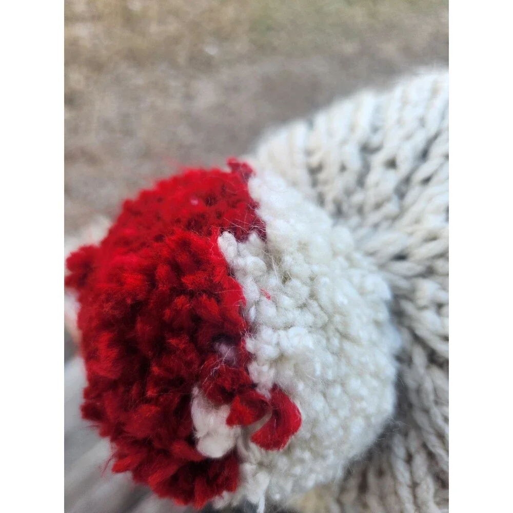 Hand Crochet Beanie Hat in Off White and Red. Slouchy Soft Stocking Cap
